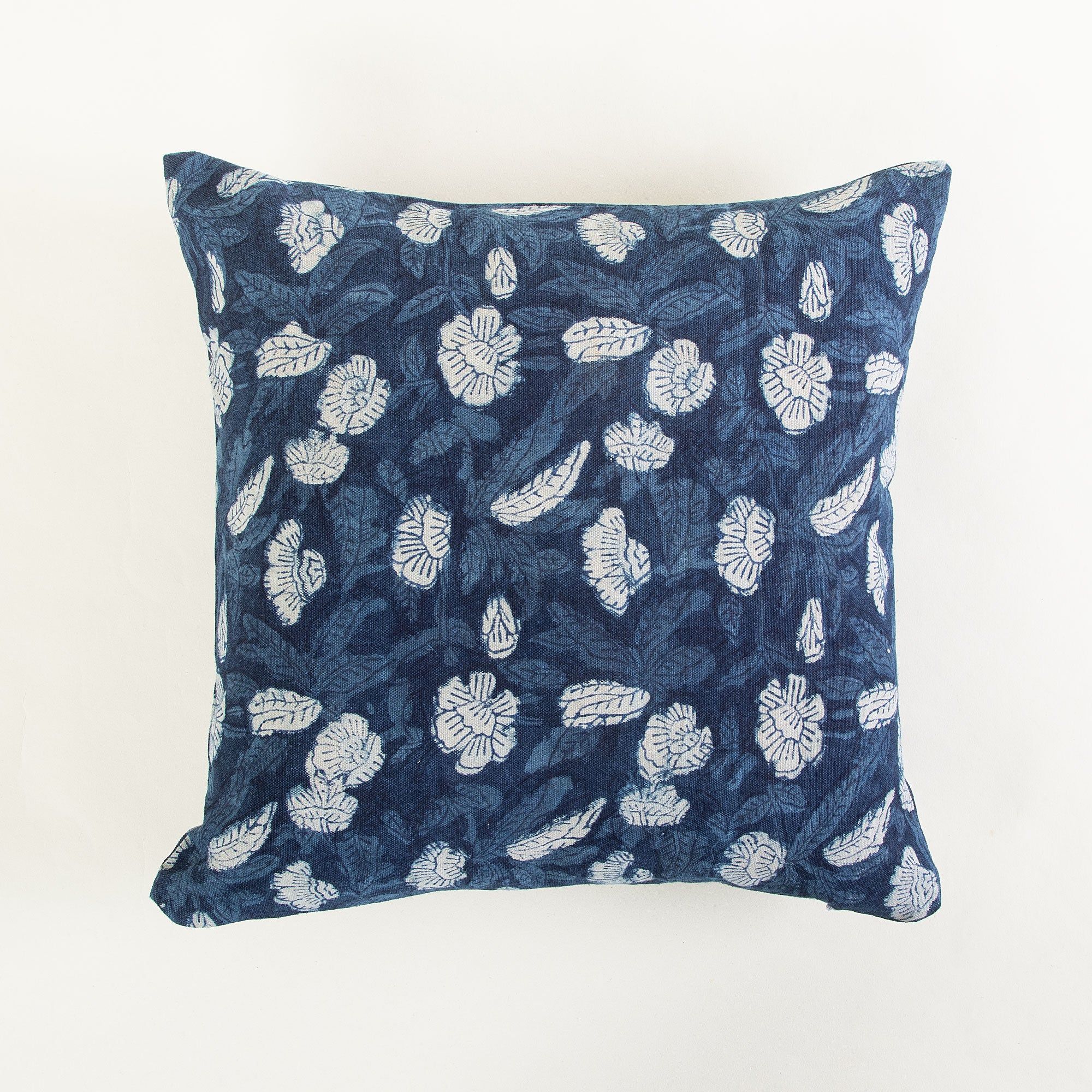 Hand Block Flower Print Indigo Canvas Cushion Cover